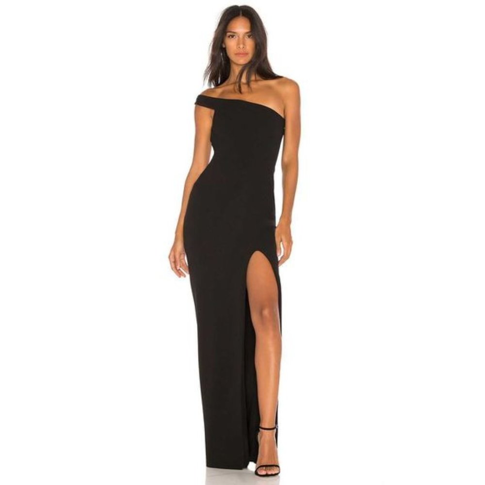 NWT Nookie Mila One Shoulder Front Seam Slit Gown Maxi Dress Black Small
